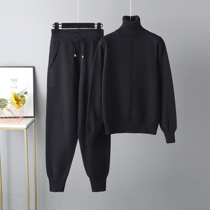 Casual Fashion Set European and American High Collar Solid Color Sweater Knitted Two Piece Set