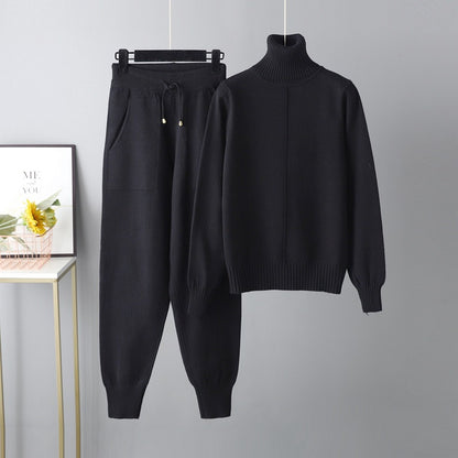 Casual Fashion Set European and American High Collar Solid Color Sweater Knitted Two Piece Set