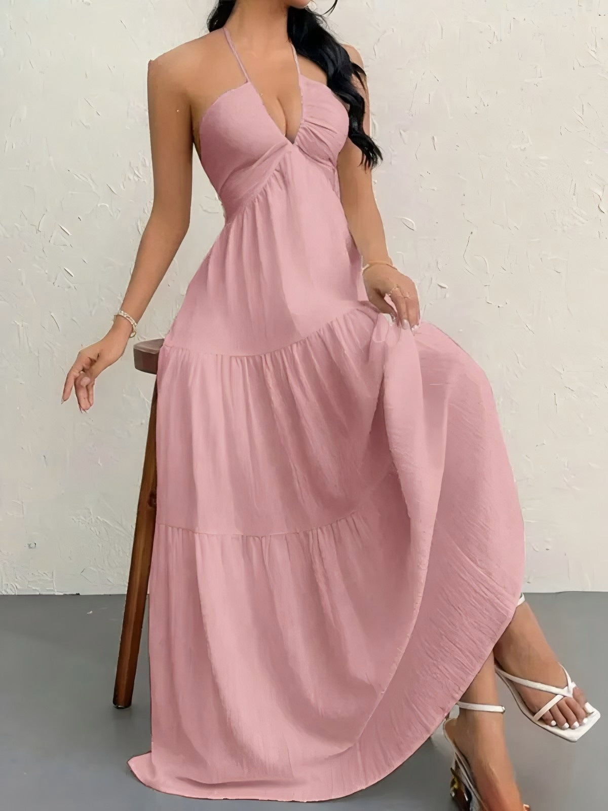 Nouvelle Robe d'Été Style Européen et Américain, Couleur Unie, Sans Bretelles, Dos Nu, Nouée, de Plage, Décontractée, à Col Halter
