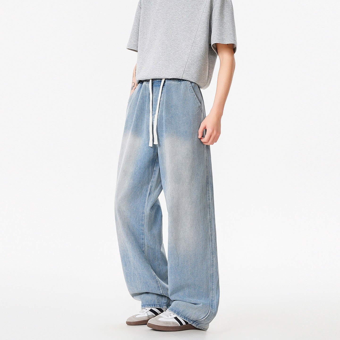 Pantalon en jean délavé vintage pour homme - Léger, jeune, coupe droite slim, ample, jambe large