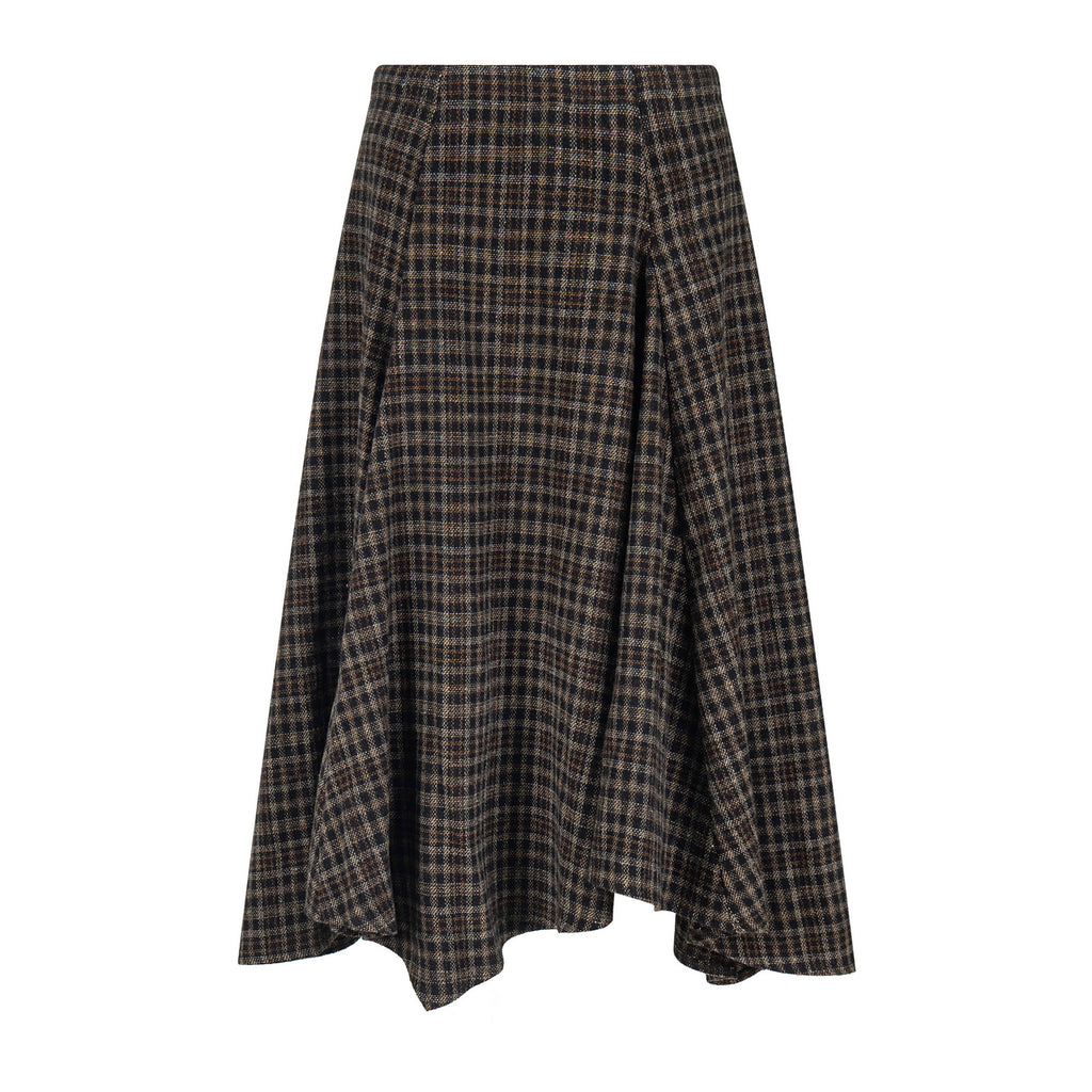 Jupe mi-longue en laine à carreaux taille haute drapée amincissante coupe trapèze style universitaire vêtements pour femmes