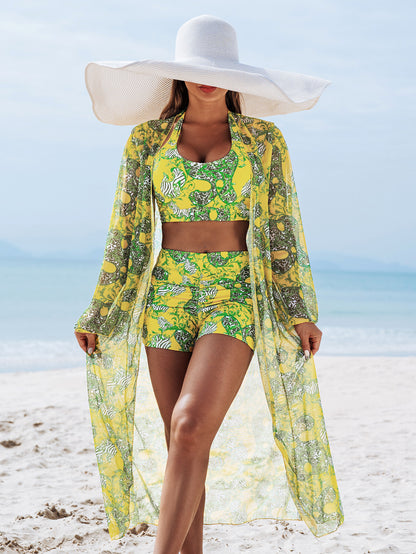 FashionableStyle Sexy Women's Three-Piece Bikini Set with Multi-Color Print Swimwear
