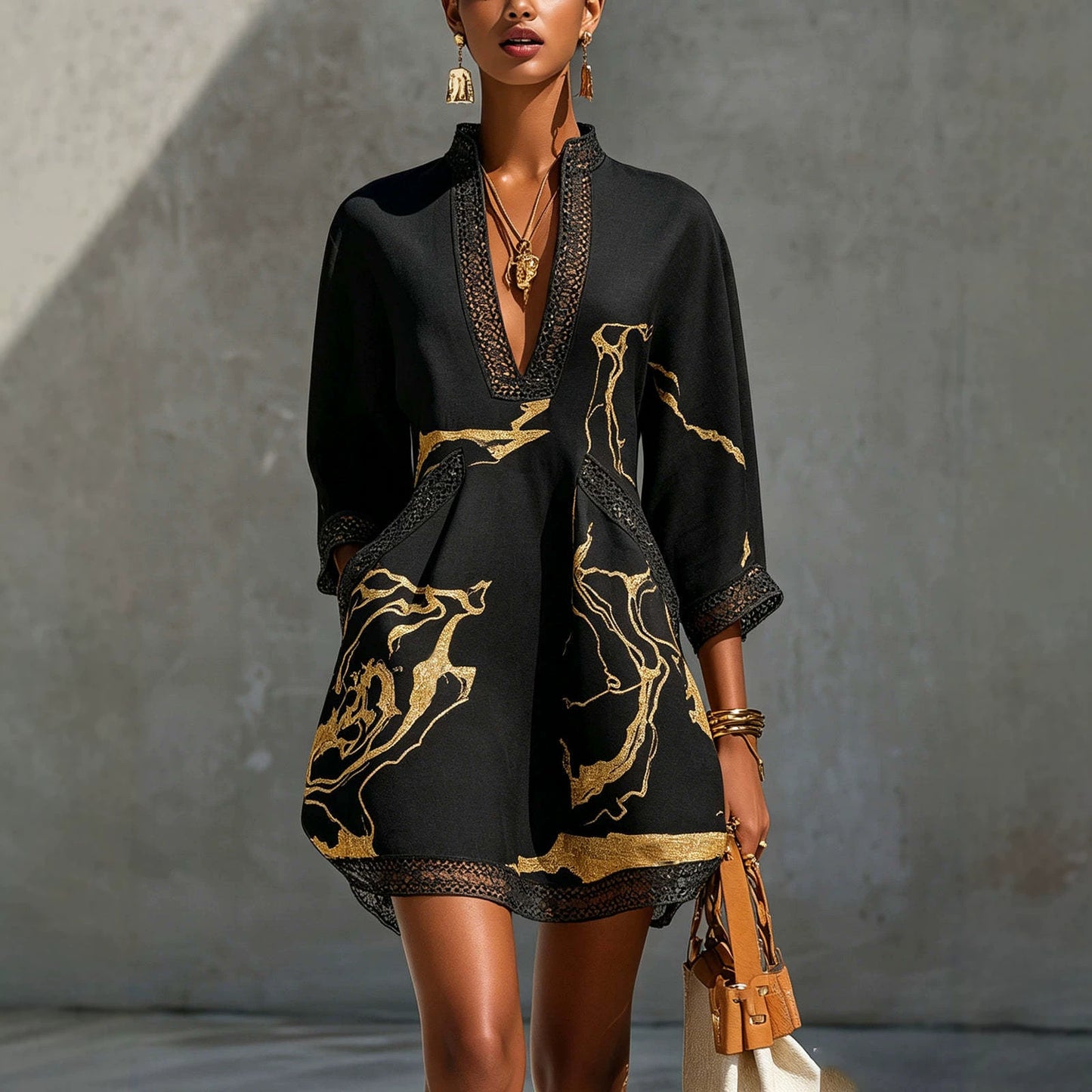 Printed lace trimmed seven quarter sleeved cotton linen short dress