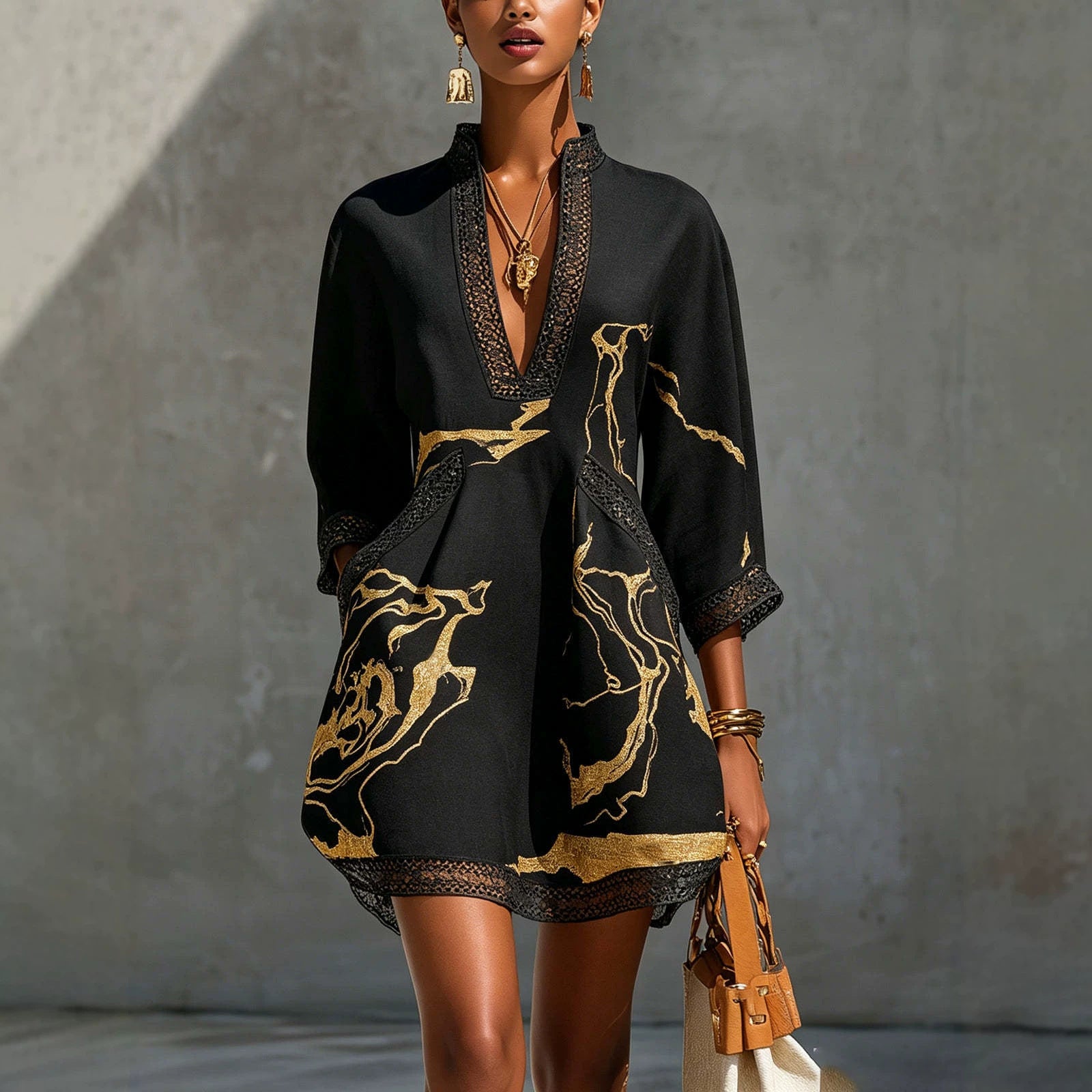 Printed lace trimmed seven quarter sleeved cotton linen short dress