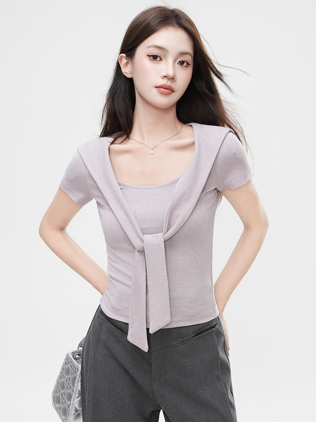 False Two-Piece Design Shoulder Cape V-Neck Short Sleeve T-Shirt Women's Unique Fitted Crop Top