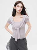 False Two-Piece Design Shoulder Cape V-Neck Short Sleeve T-Shirt Women's Unique Fitted Crop Top