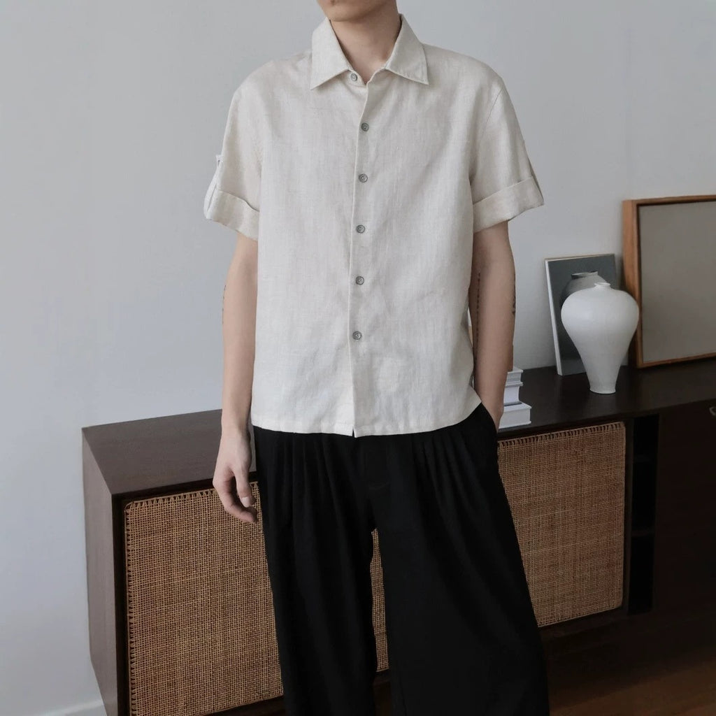 Linen Tencel Lyocell Classic Fit Cuffed Button-Up Casual Short Sleeve Shirt