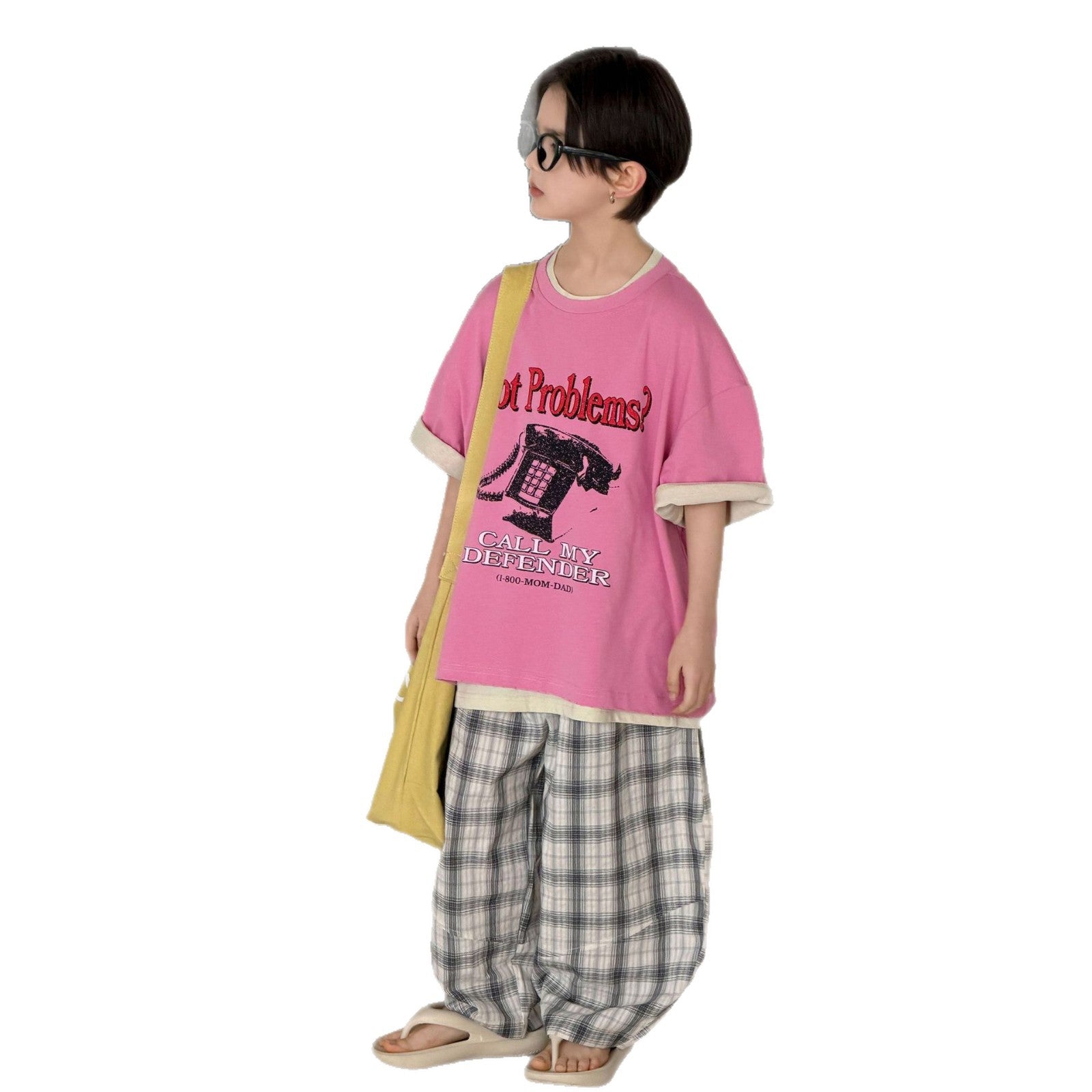 Boys' summer cotton and linen checkered pants