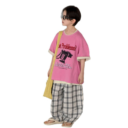 Boys' summer cotton and linen checkered pants