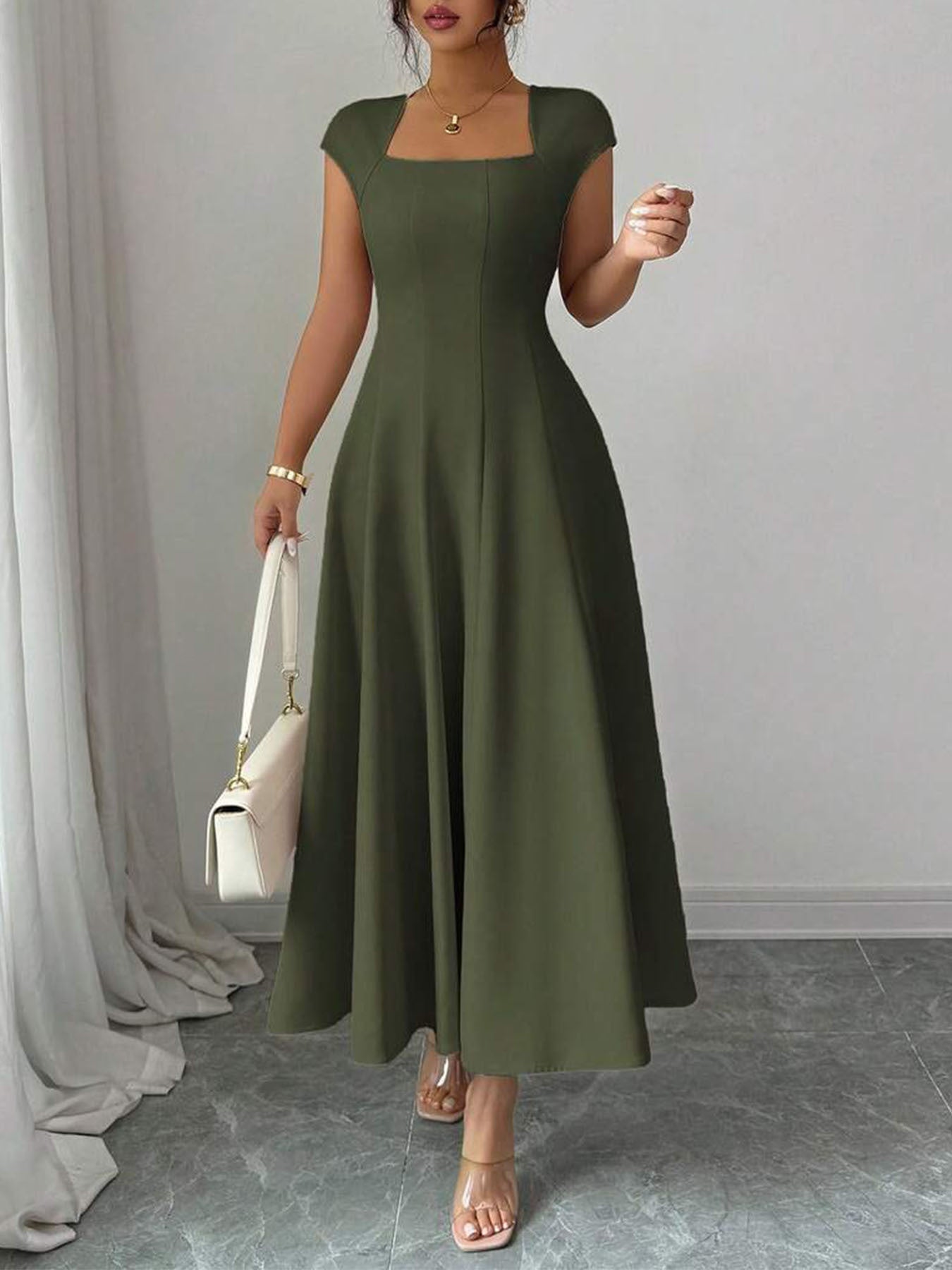 Chic Long Dress Women's Square Neck Short Sleeve Dress