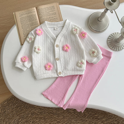 Flower sweater jacket+solid color flared pants two-piece set
