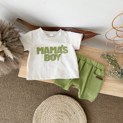 Letter sticker round neck short sleeved+solid color loose sports shorts set