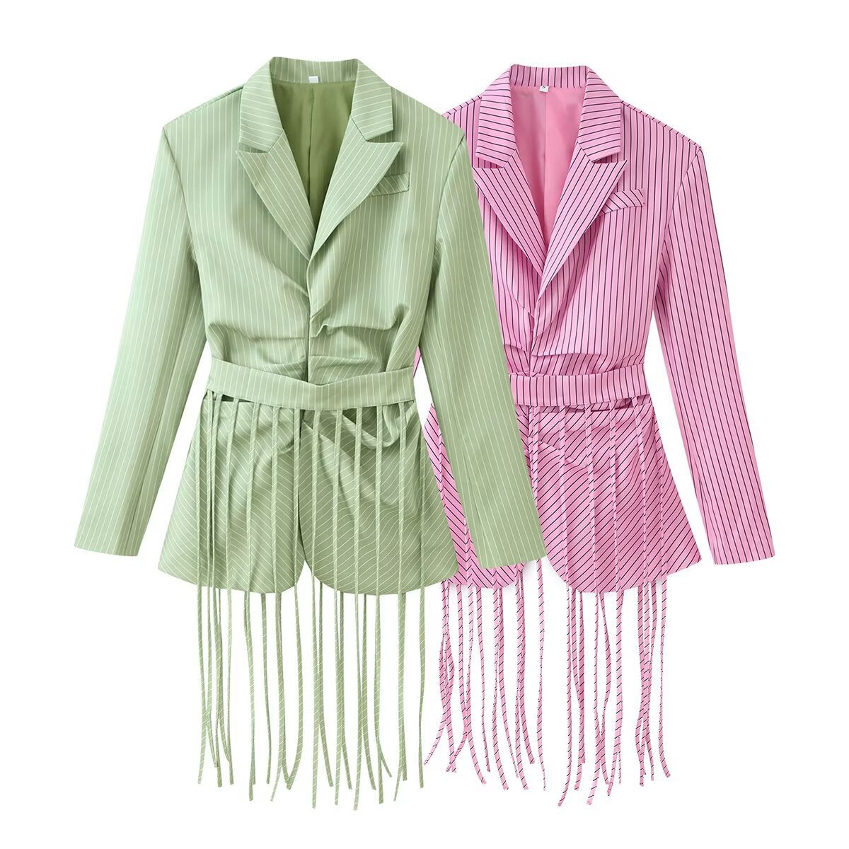 Striped lapel with detachable tassel waistband suit jacket
