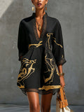 Printed lace trimmed seven quarter sleeved cotton linen short dress