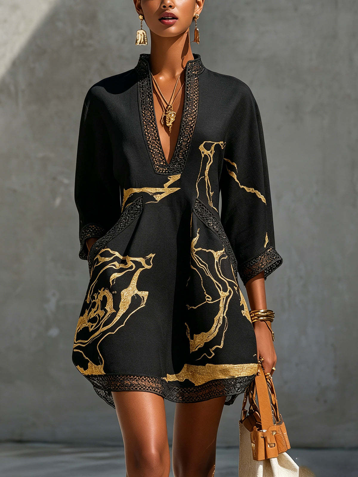 Printed lace trimmed seven quarter sleeved cotton linen short dress