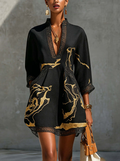 Printed lace trimmed seven quarter sleeved cotton linen short dress