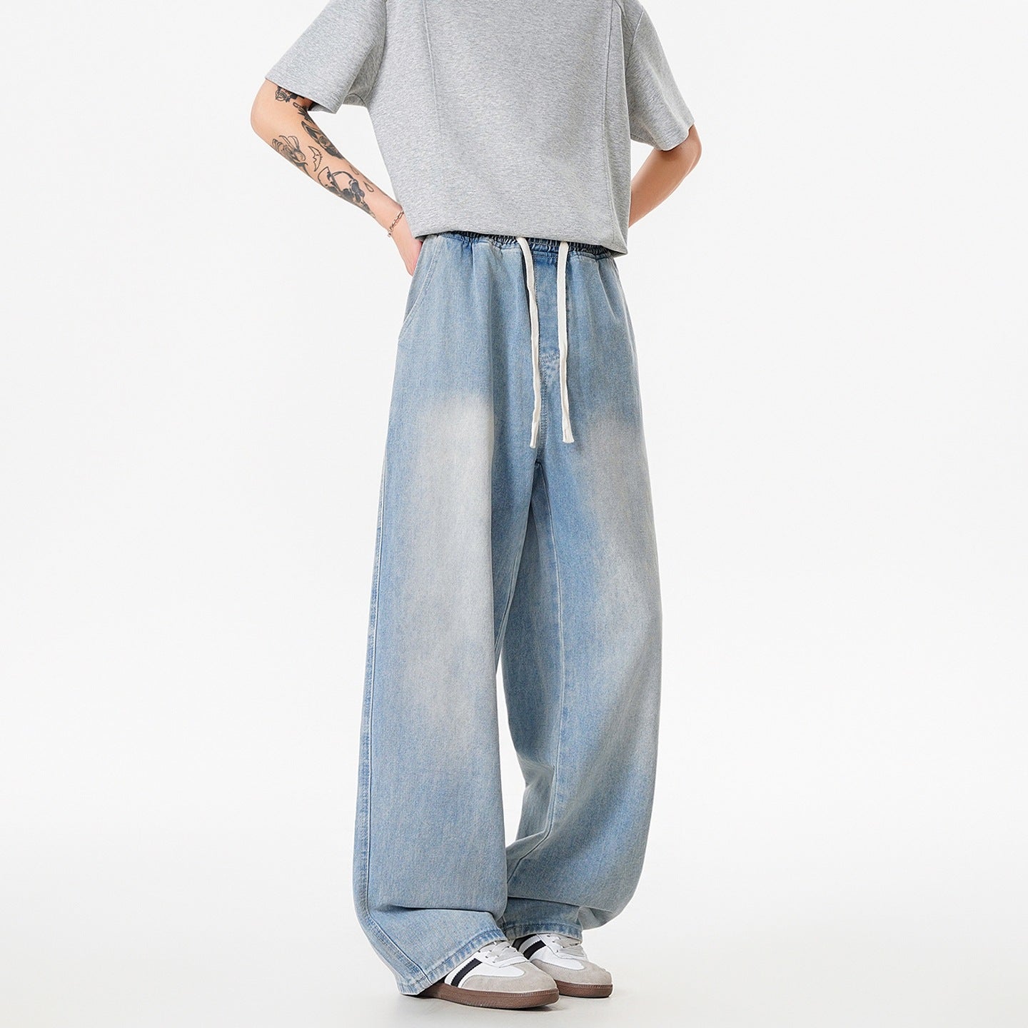 Pantalon en jean délavé vintage pour homme - Léger, jeune, coupe droite slim, ample, jambe large