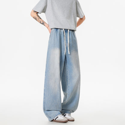 Vintage Washed Denim Pants Men  Lightweight Youth Slim Straight Loose Wide Leg Pants