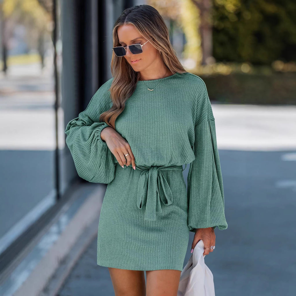 Women's Spring, Autumn, Winter New Knitted Dress with Belt Detail, Long Sleeve Ribbed Knit Dress for Women