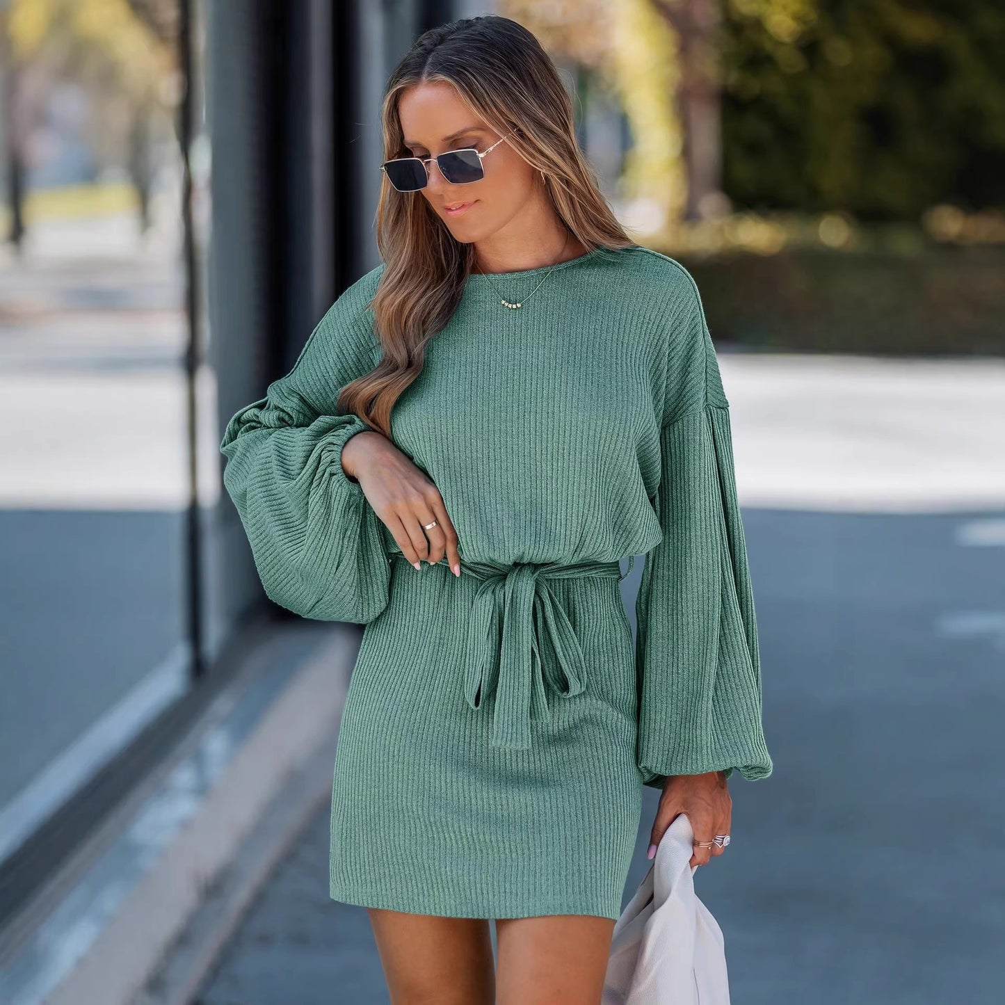 Women's Spring, Autumn, Winter New Knitted Dress with Belt Detail, Long Sleeve Ribbed Knit Dress for Women