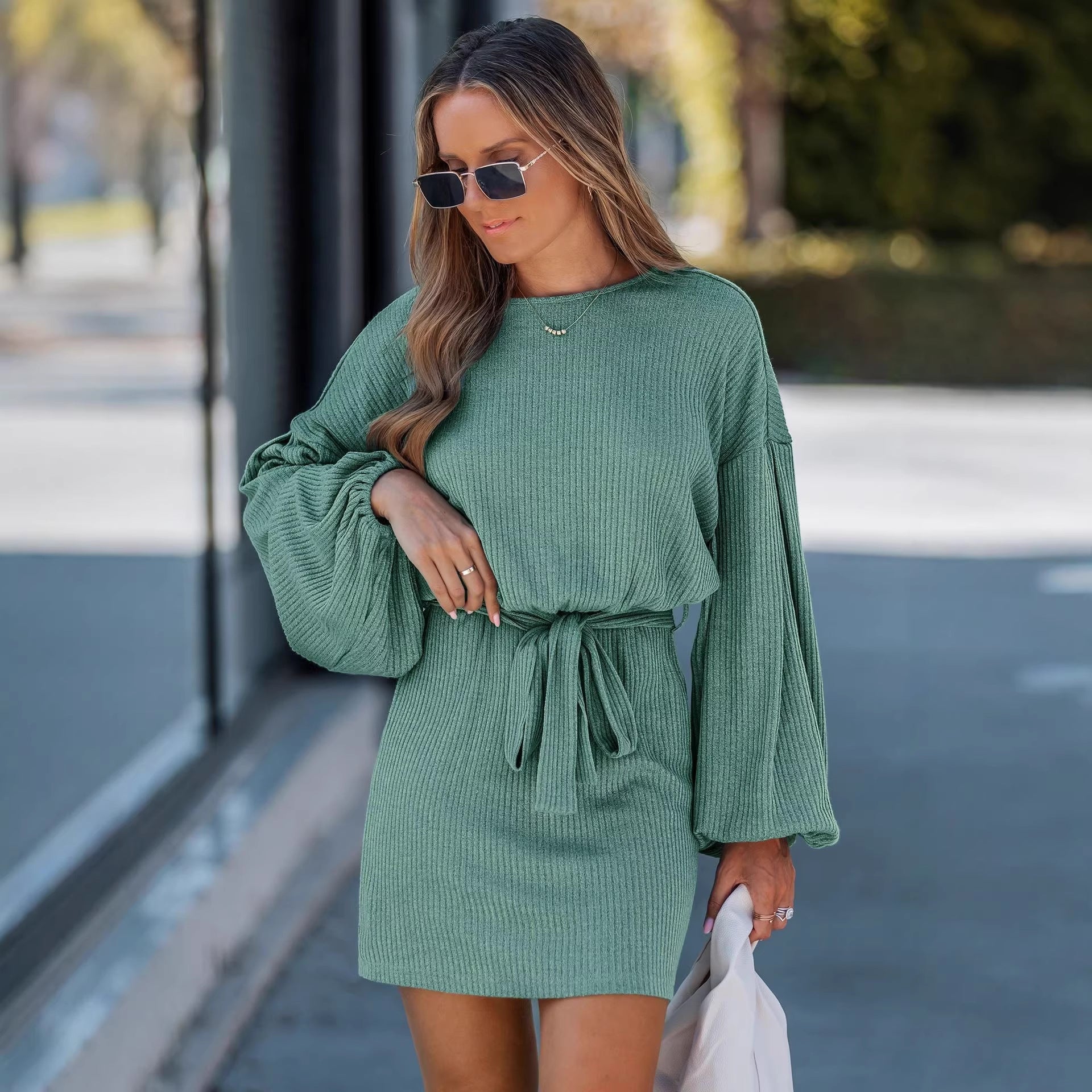 Women's Spring, Autumn, Winter New Knitted Dress with Belt Detail, Long Sleeve Ribbed Knit Dress for Women