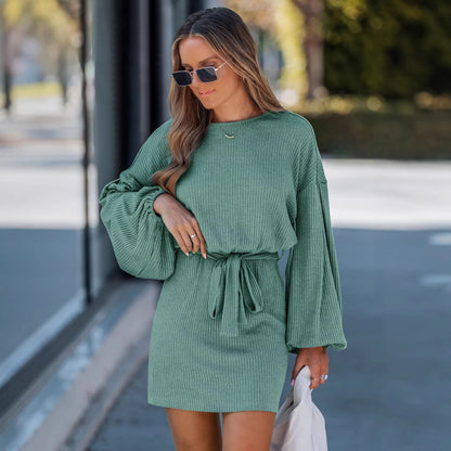 Women's Spring, Autumn, Winter New Knitted Dress with Belt Detail, Long Sleeve Ribbed Knit Dress for Women