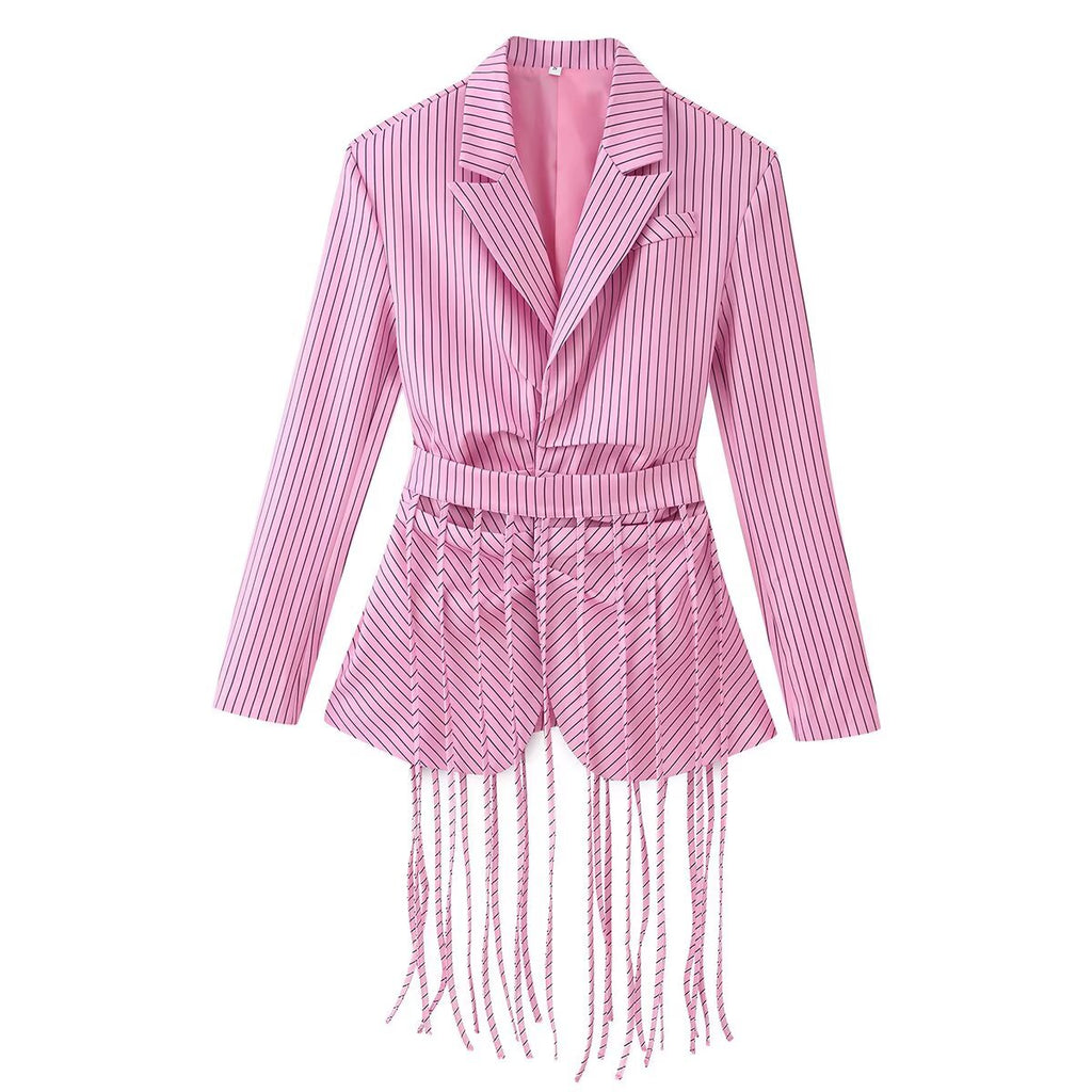 Striped lapel with detachable tassel waistband suit jacket