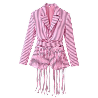 Striped lapel with detachable tassel waistband suit jacket