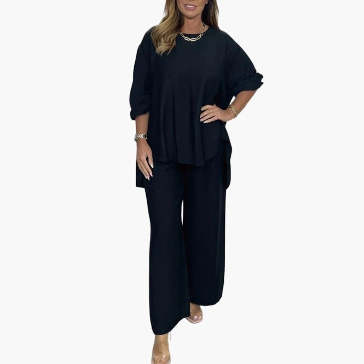 Solid color loose casual suit wide leg pants two-piece set