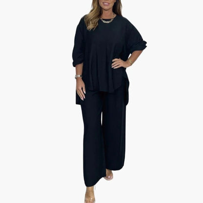 Solid color loose casual suit wide leg pants two-piece set