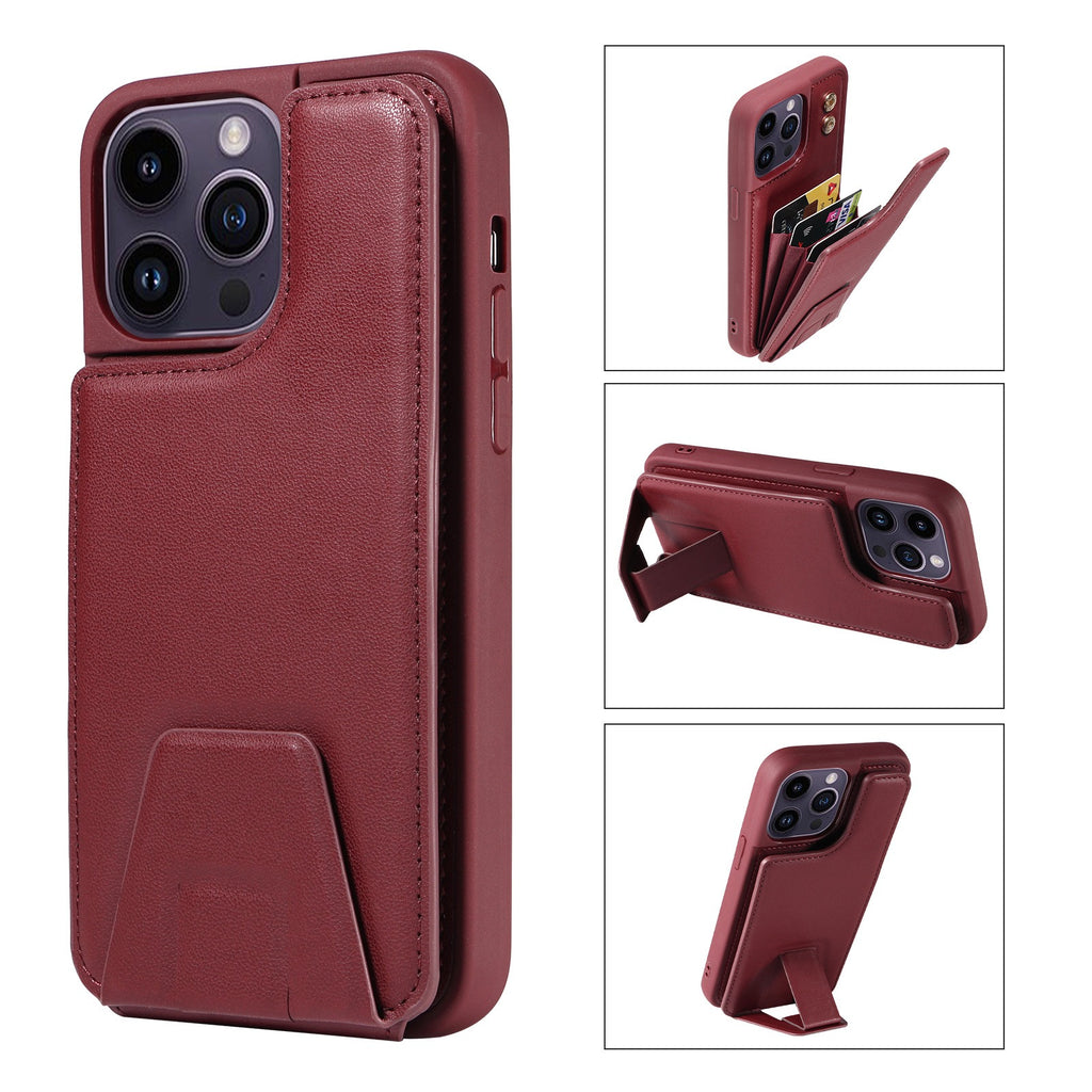 Convient pour la coque de téléphone Apple 15, étui de téléphone 13promax avec support, coque adhésive en cuir antichute 12 avec insertion de cartes en accordéon