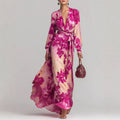 Printed Chiffon Long Sleeve V-Neck Tie-Up Dress Elegant Chic Spring New Long Dress
