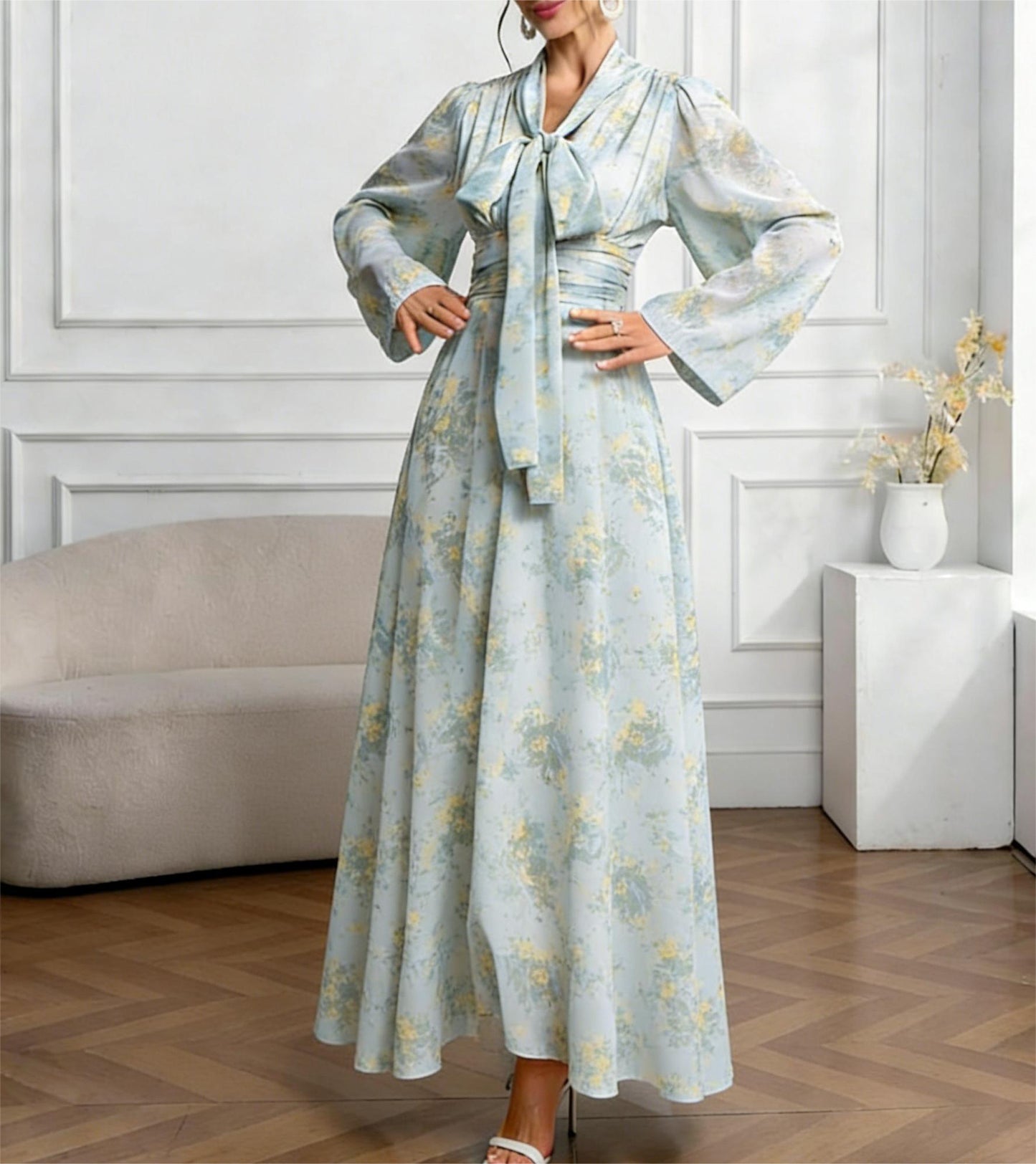 Elegant Floral Long Sleeve Maxi Dress with Tie Waist for Women