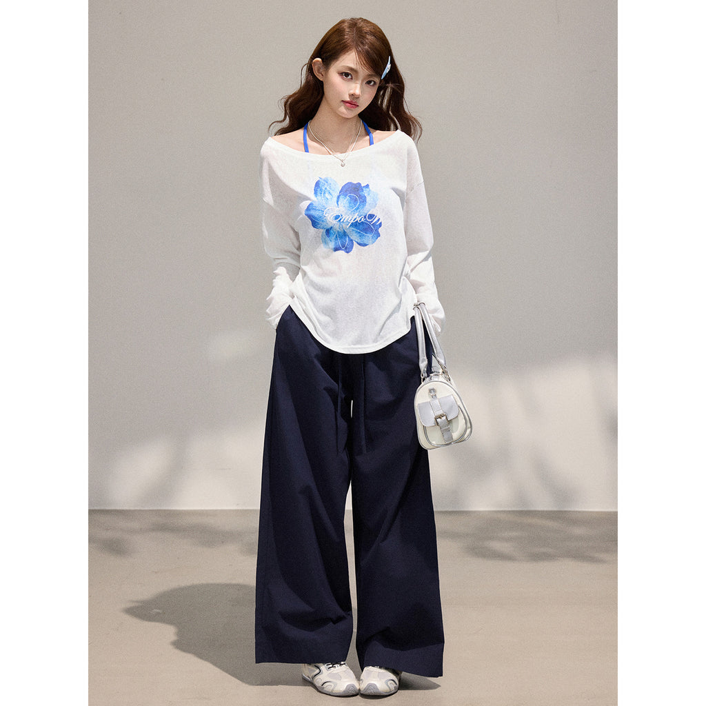 Long Sleeve Cardigan for Women,  Two-Piece Set with Floral Print, Tencel Chiffon Off-Shoulder Top