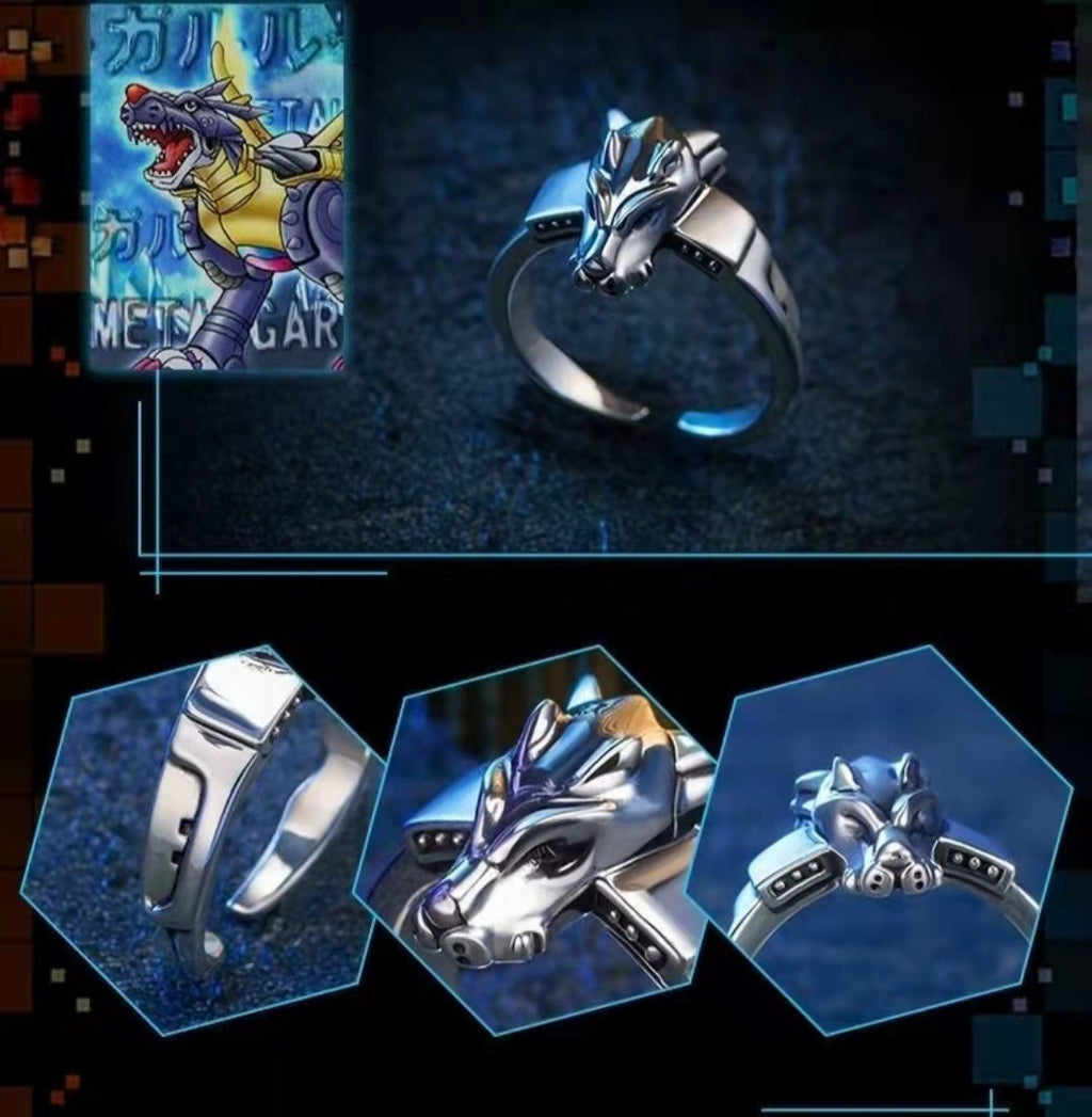 Bague Digimon classique, épée Tyrannomon, Metal Garurumon, Anime, Bagues de couple en argent thaïlandais pour hommes et femmes