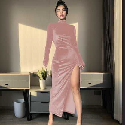 Women's High Neck Long Velvet Dress with Pleats and Slit Fitted SilhouetteAutumn/Winter Fashion