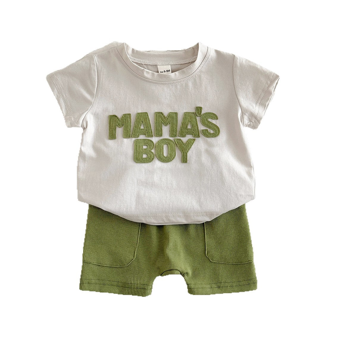 Letter sticker round neck short sleeved+solid color loose sports shorts set