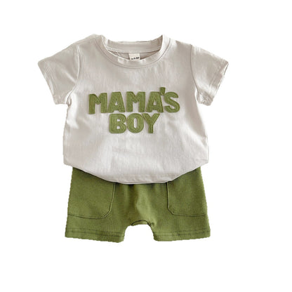Letter sticker round neck short sleeved+solid color loose sports shorts set