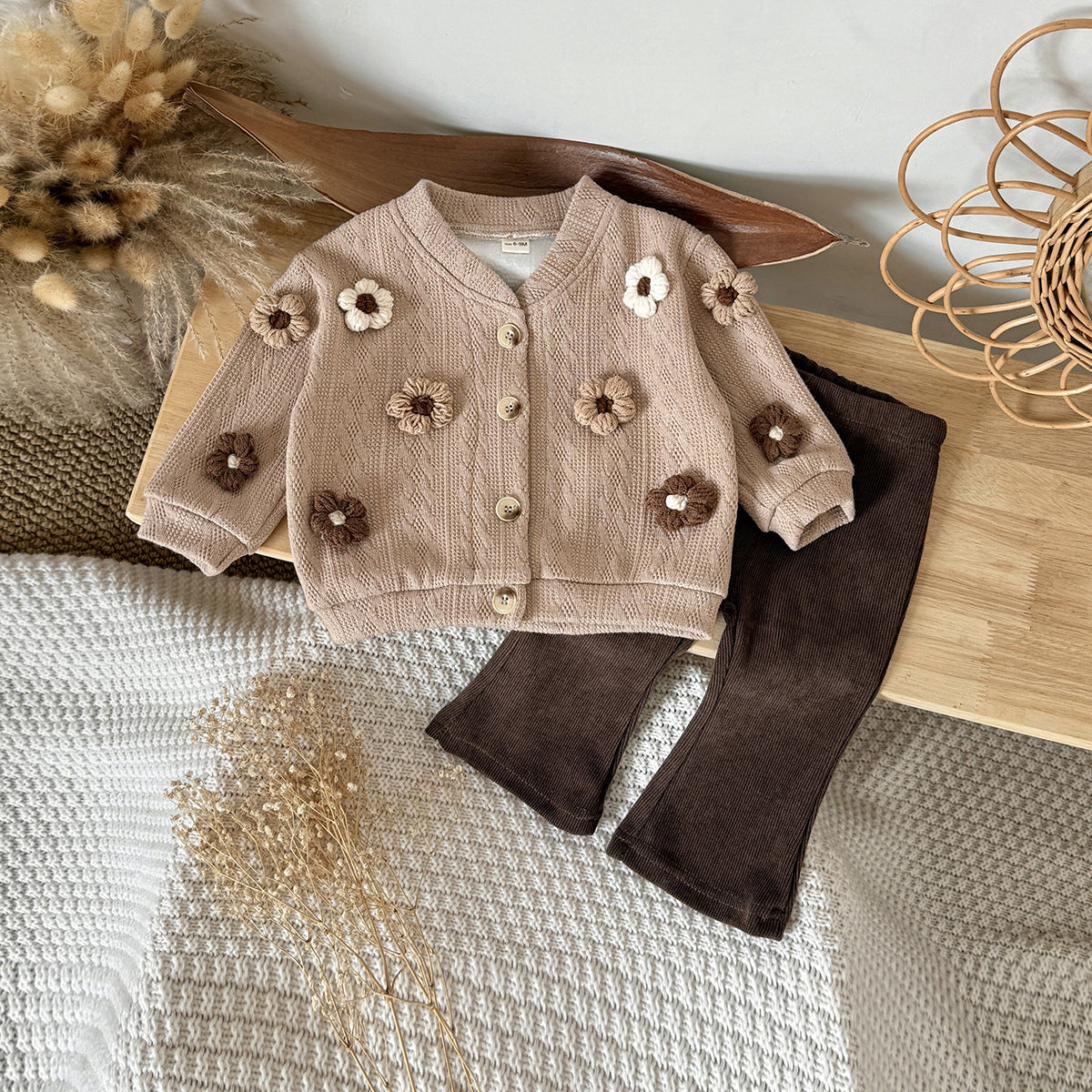 3D flower knitted cardigan set sweater+micro flared pants
