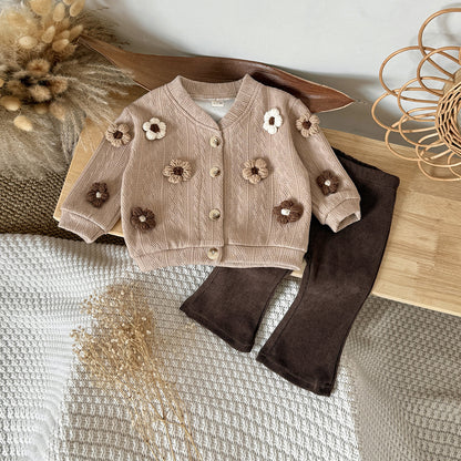 3D flower knitted cardigan set sweater+micro flared pants