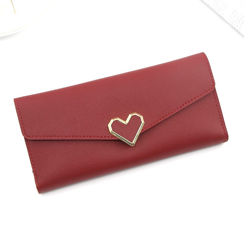 Long portefeuille en cuir uni en forme de cœur avec plusieurs fentes pour cartes, portefeuille à boucle, grande capacité, sac à main