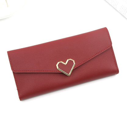 Long plain heart-shaped leather wallet with multiple card slots buckle wallet large capacity hand-held bag