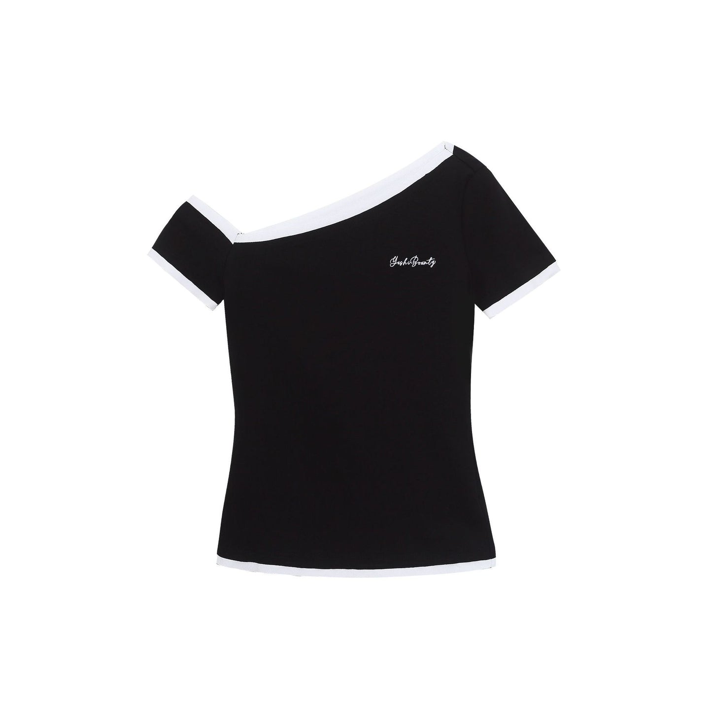 One-Shoulder Color-Block Short Sleeve Top, Faux Two-Piece Slim Fit Revealing Shoulder T-Shirt