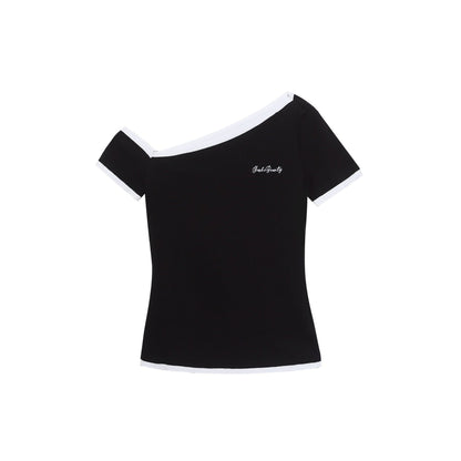 One-Shoulder Color-Block Short Sleeve Top, Faux Two-Piece Slim Fit Revealing Shoulder T-Shirt