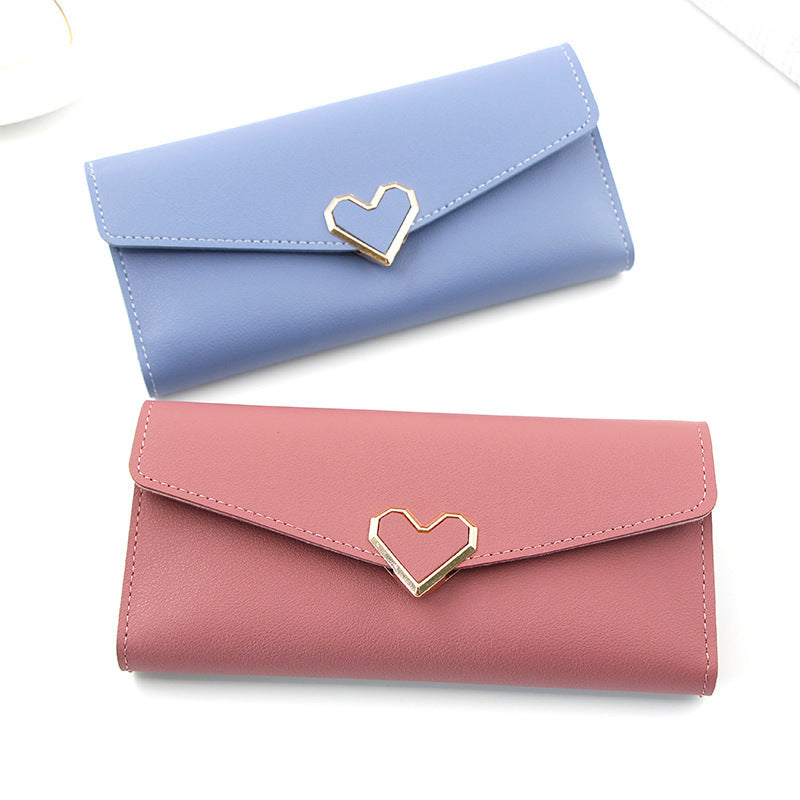 Long portefeuille en cuir uni en forme de cœur avec plusieurs fentes pour cartes, portefeuille à boucle, grande capacité, sac à main