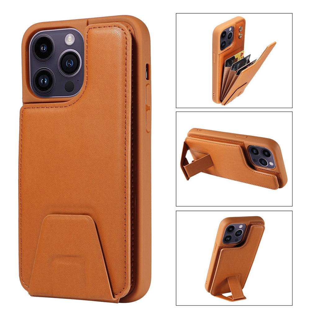 Convient pour la coque de téléphone Apple 15, étui de téléphone 13promax avec support, coque adhésive en cuir antichute 12 avec insertion de cartes en accordéon