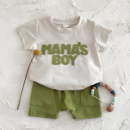 Letter sticker round neck short sleeved+solid color loose sports shorts set