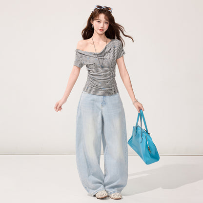 Color-Block Stripe One-Shoulder Off-Shoulder Short Sleeve T-Shirt for Women with Star Print