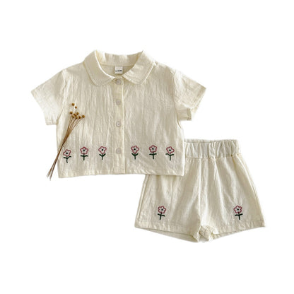 Cute embroidered floral shirt cardigan shorts set
