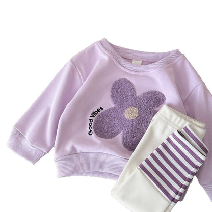 Flower patch hoodie striped pants two-piece set